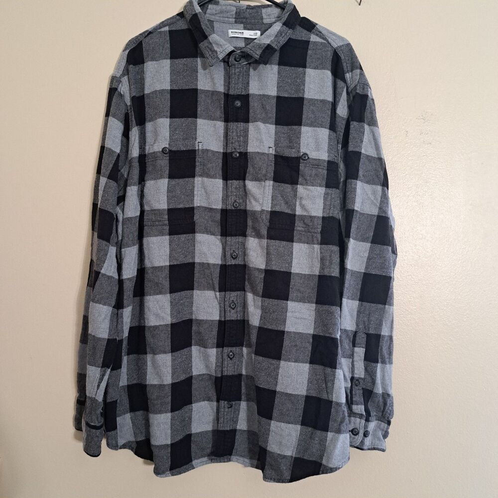 Sonoma The Supersoft Flannel Gray Buffalo Plaid Check Button Shirt Mens 3XLT